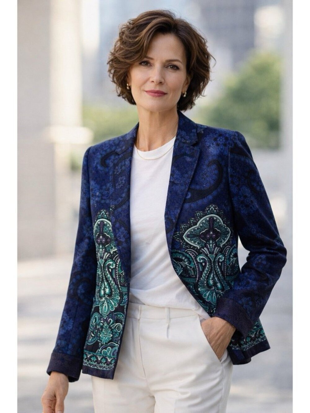 COLDWATER CREEK Open Blazer Jacket Sz 10 Paisley Blue Quiet Luxury Career Boss
